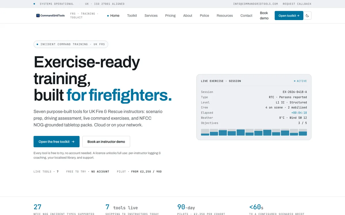 The CommandGridTools homepage: an incident command training toolkit for UK Fire and Rescue.